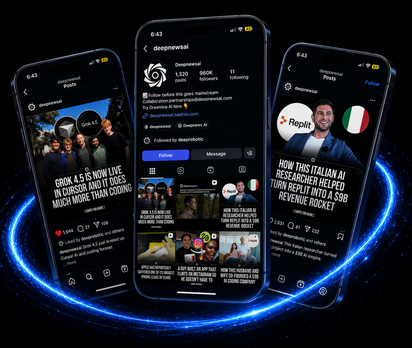 DeepNews AI phone previews showing AI headlines